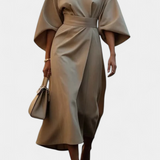 Vestido Midi Micaela con Mangas de Linterna y Cintura Ajustada