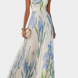 Vestido Calanthe Largo Plisado con Estampado Floral y Escote Cuadrado