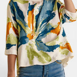 Camisetas de Manga Corta Sueltas con Botones, Estampado de Flores y Cuello Redondo