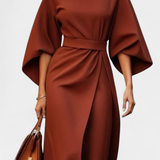 Vestido Midi Micaela con Mangas de Linterna y Cintura Ajustada