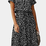 Vestido Midi Rovena con Lunares, Cuello Camisa y Cintura Ajustable