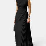 Vestidos Maxis de Cuello Mock Asimétrico con Pliegues y Cintura Alta Sin Mangas