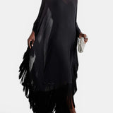 Vestidos Maxi de Cuello Alto con Flecos, Color Sólido, Transparentes y de Mangas Murciélago
