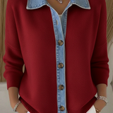 Cárdigan de punto con cuello tipo polo y parches de denim, con botones