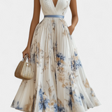 Vestido Midi Elise Sin Mangas en Estampado Floral y Pliegues