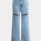 Jeans Rectos Desgastados Evian con Rhinestones