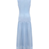 Vestidos de Noche Maxi Sin Mangas de Gasa Plisada de Color Sólido con Cuello Barco