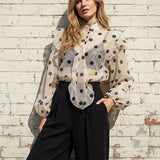 Blusas y Camisas de Cuello en V con Botones, Mangas Largas, Sueltas, con Volantes y Transparente, Estampado de Lunares