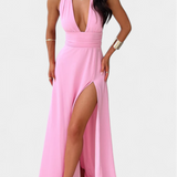 Vestido Latisha con Cuello Halter y Alta Abertura