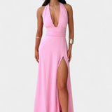 Vestido Latisha con Cuello Halter y Alta Abertura