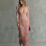 Vestido Mujer Elegante Con Flecos Midi – Estilo Sofisticado y Fluido