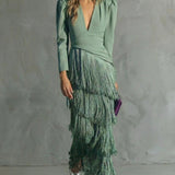 Vestido Mujer Elegante Con Flecos Midi – Estilo Sofisticado y Fluido