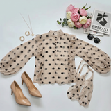Blusas y Camisas de Cuello en V con Botones, Mangas Largas, Sueltas, con Volantes y Transparente, Estampado de Lunares