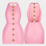 Vestido Mini Yvonne con Cuello Halter y Espalda Abierta con Detalle Floral