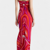 Vestido Largo Valera con Estampado de Espirales y Corte Sin Mangas