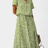Vestido Midi Rovena con Lunares, Cuello Camisa y Cintura Ajustable