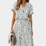 Vestido Midi Rovena con Lunares, Cuello Camisa y Cintura Ajustable