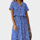 Vestido Midi Rovena con Lunares, Cuello Camisa y Cintura Ajustable