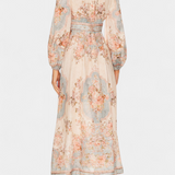 Vestido Maxi Acampanado Dorotila con Estampado Floral, Botones y Mangas Globo