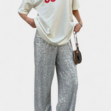 Pantalones de Lentejuelas de Cintura Alta Elva con Corte Relajado