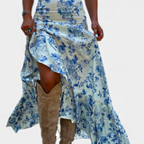 Falda Maxi Floral Kala con Abertura y Volantes