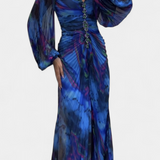 Vestido Maxi Plisado Quintessa con Mangas Largas y Estampado Vibrante