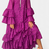 Vestido Maxi Asimétrico Eliselle con Volantes y Mangas de Campana