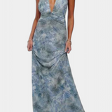 Vestido Maxi de Lunares Melody con Cuello Halter y Cintura Fruncida