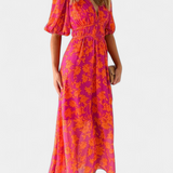 Vestido Midi Floral Wren con Escote en V y Mangas Abullonadas