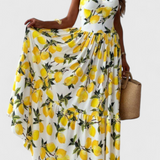 Vestido Maxi Huda con Estampado de Limón, Tirantes y Abertura Lateral