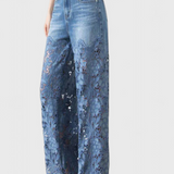 Pantalones Palazzo de Denim con Encaje Bordado Floral Jasiel