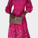 Vestido Midi Lucinda de Encaje con Mangas Abullonadas y Cuello Alto