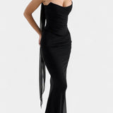 Vestido Maxi de Malla Blair con Corsé Fruncido