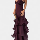 Vestido Maxi Atlana Burdeos con Volantes en Capas