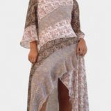 Vestido Floral Ruth Largo con Mangas 3/4 y Paneles con Volantes