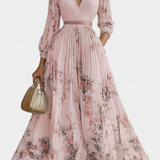 Vestido Maxi de Chifón Plisado Phaedra con Mangas de Globo