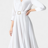 Vestido Midi Michelle con Cuello Estructurado y Cinturón Plisado