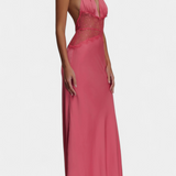 Vestido Largo Ashanty con Escote Halter y Cintura de Encaje Transparente