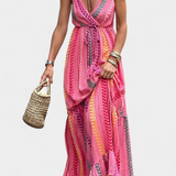 Vestido Largo Asunción Rosa con Rayas Multicolores