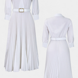 Vestido Midi Michelle con Cuello Estructurado y Cinturón Plisado