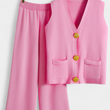 Conjunto Jacey de Punto con Chaleco y Pantalones de Pierna Ancha