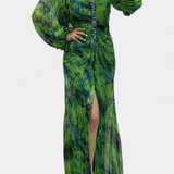 Vestido Maxi Plisado Quintessa con Mangas Largas y Estampado Vibrante
