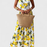 Vestido Maxi Huda con Estampado de Limón, Tirantes y Abertura Lateral