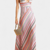 Vestido Largo Tricotado Multicolor de Francia con Escote Profundo y Espalda Cruzada