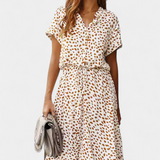 Vestido Midi Rovena con Lunares, Cuello Camisa y Cintura Ajustable