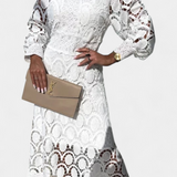Vestido Midi Lucinda de Encaje con Mangas Abullonadas y Cuello Alto