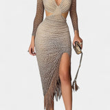 Vestido Bodycon de Leopardo Irene con Corte Torcido y Flecos