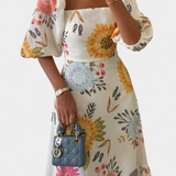 Vestido Midi de Algodón Kacey con Estampado Floral y Mangas Abullonadas