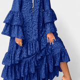 Vestido Maxi Asimétrico Eliselle con Volantes y Mangas de Campana