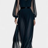 Vestido Maxi de Chiffon Plisado Aurelia con Detalles Transparentes